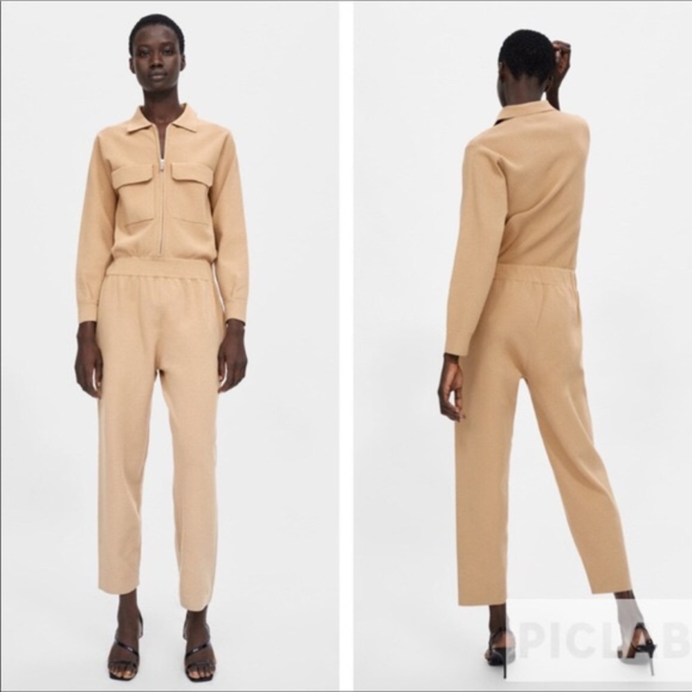 Zara Camel Knit Long Sleeve Jumpsuit With Pockets